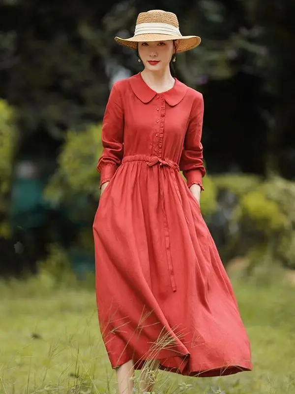 

Элегантное женское платье из хлопка и льна в этническом стиле, длинная юбка с эффектом похудения, новинка весенней коллекции, с воротником «питер пэн», свободная талия, повседневная одежда