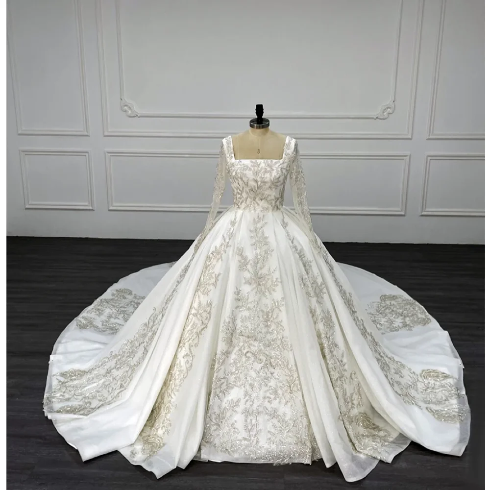 

Luxury Women Wedding Dresses A-Line Chapel Train Rhinestones Long Sleeves Lace Applique Bridal Mariage Gowns Custom Made