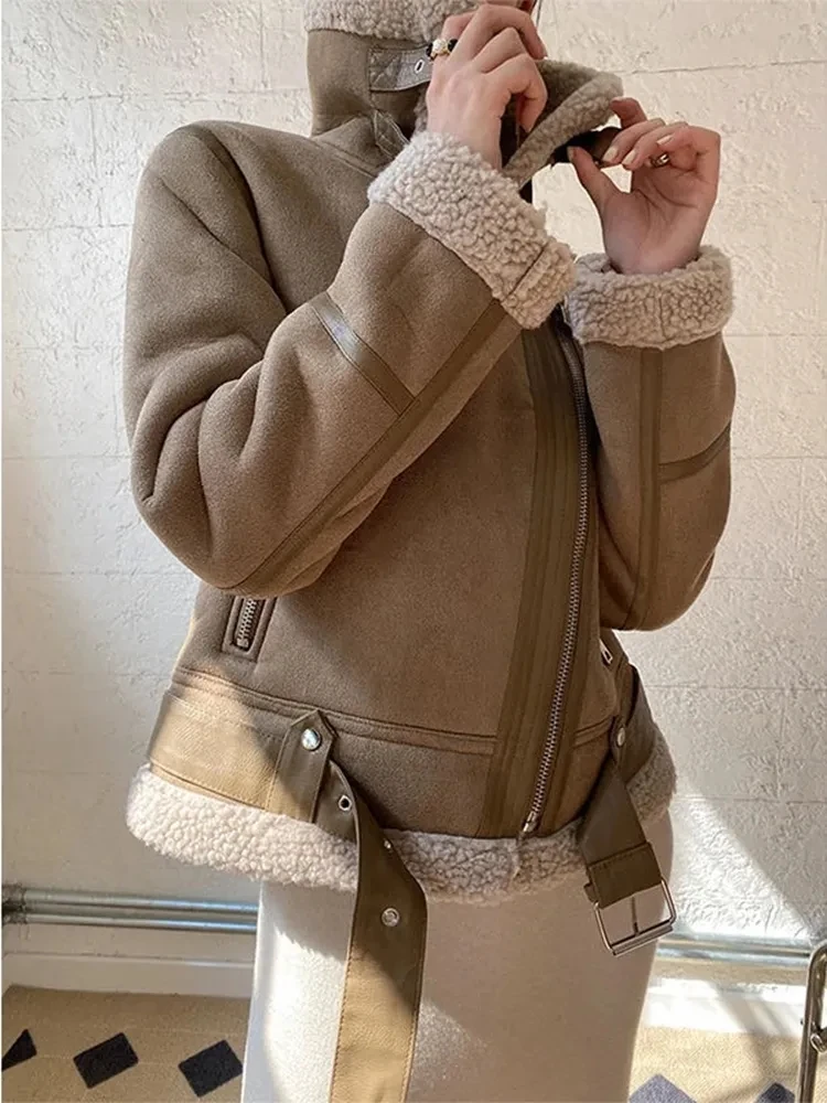 Winter Women Short Brown Jacket Faux Shearling Sheepskin Leather Jackets Motorcycle Outwear Thick Warm Suede Lamb Coats 2024 New