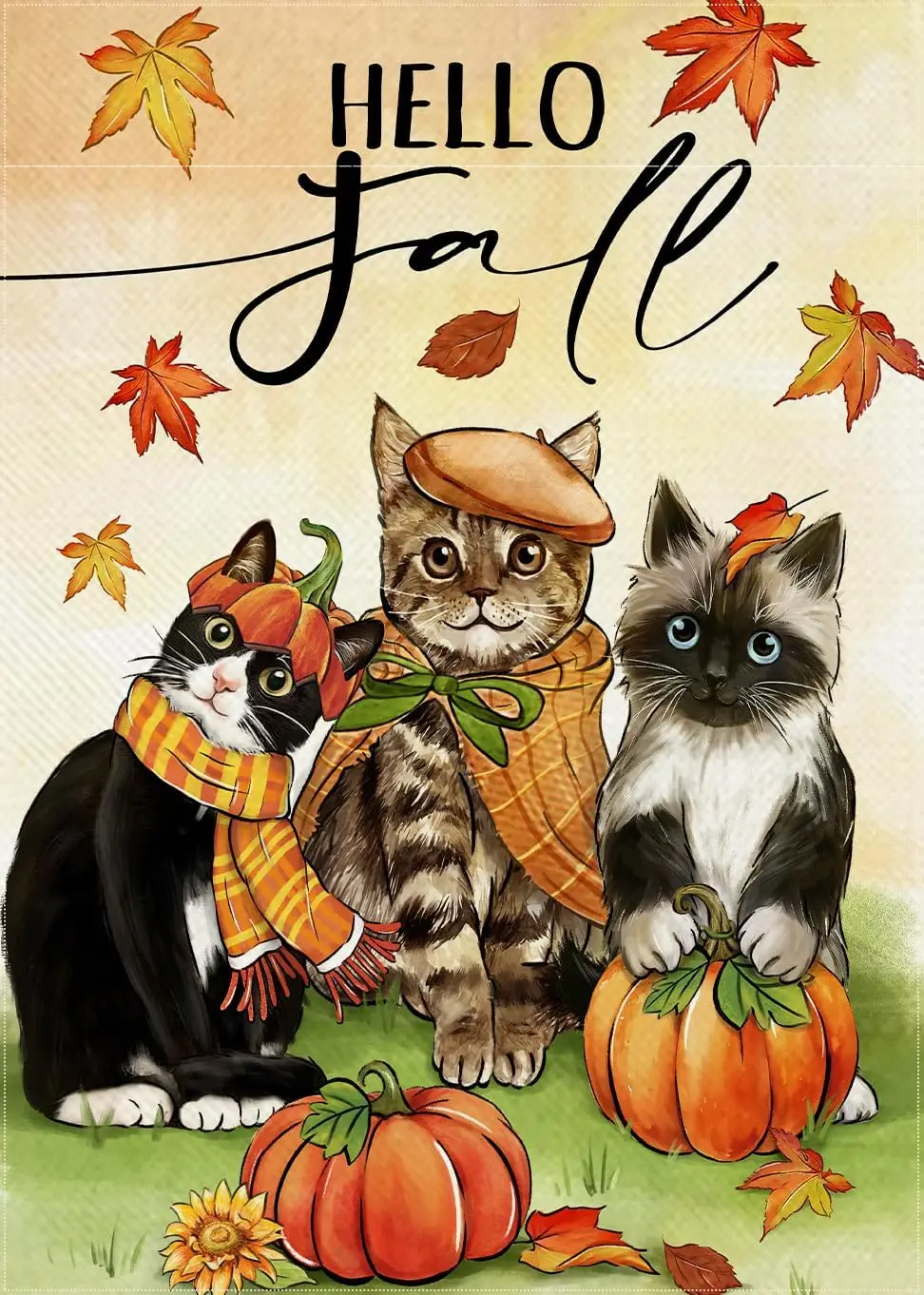 Hello Fall Cat Decorative Garden Flag, Autumn Pet Pumpkin Maple Leaves Yard Outside Decoration Cat Lover Gifts, Seasonal Outdoor