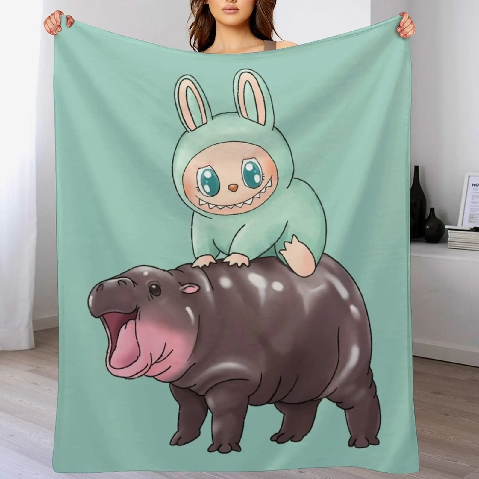 Labubu Riding Moo Deng Macaron Green Ququ Cute Throw Blanket Sofa Quilt Blankets