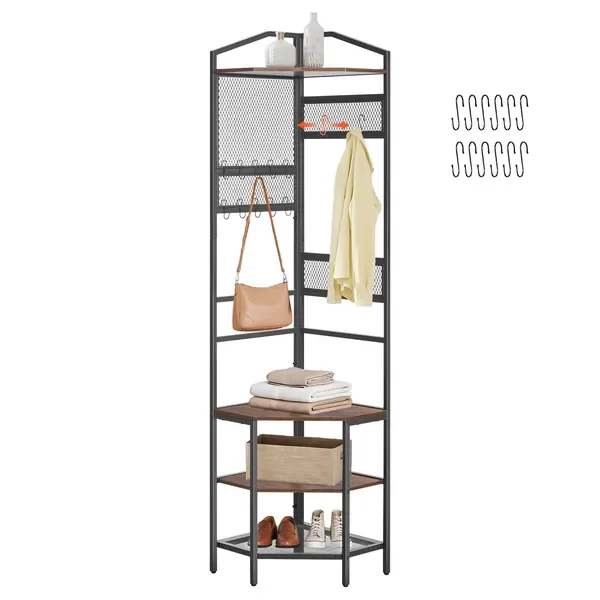 

Corner Hall Tree, 71.3 in Coat Rack with Hooks, Top Shelf & Steel Frame, Freestanding Clothes Shoes