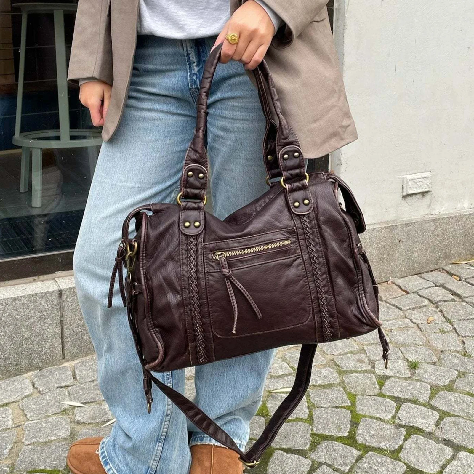 

Retro Shoulder Crossbody Bag PU Leather Single Shoulder Bag Large Capacity Top Handle Bag for Women Work Travel Daily Shopping