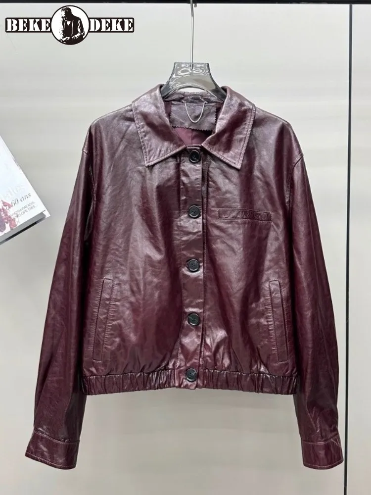 Autunno donna giacca in vera pelle cera d'olio pelle di pecora cappotto retrò monopetto sciolto streetwear capispalla casual da moto