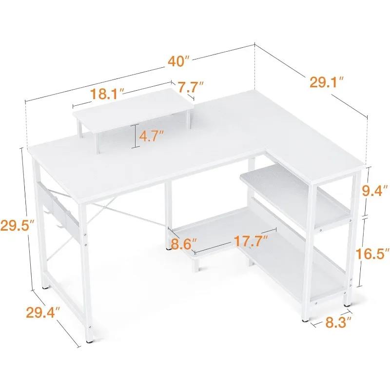 Escritorio pequeño para computadora en forma de L de 40 pulgadas con estantes de almacenamiento reversibles, mesa de escritura sencilla y moderna para estación de trabajo de oficina en casa