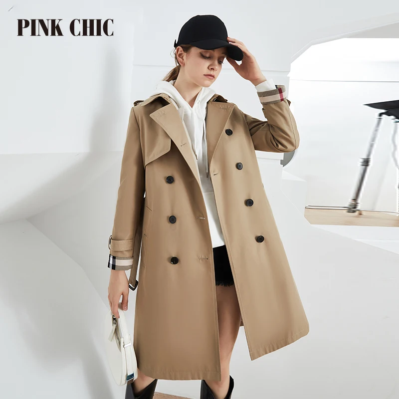 PINK CHIC Spring Autumn Windbreaker Midlength Lapel Collar Women Double Breasted Waist Belt Elegant Commuting British Trench 806