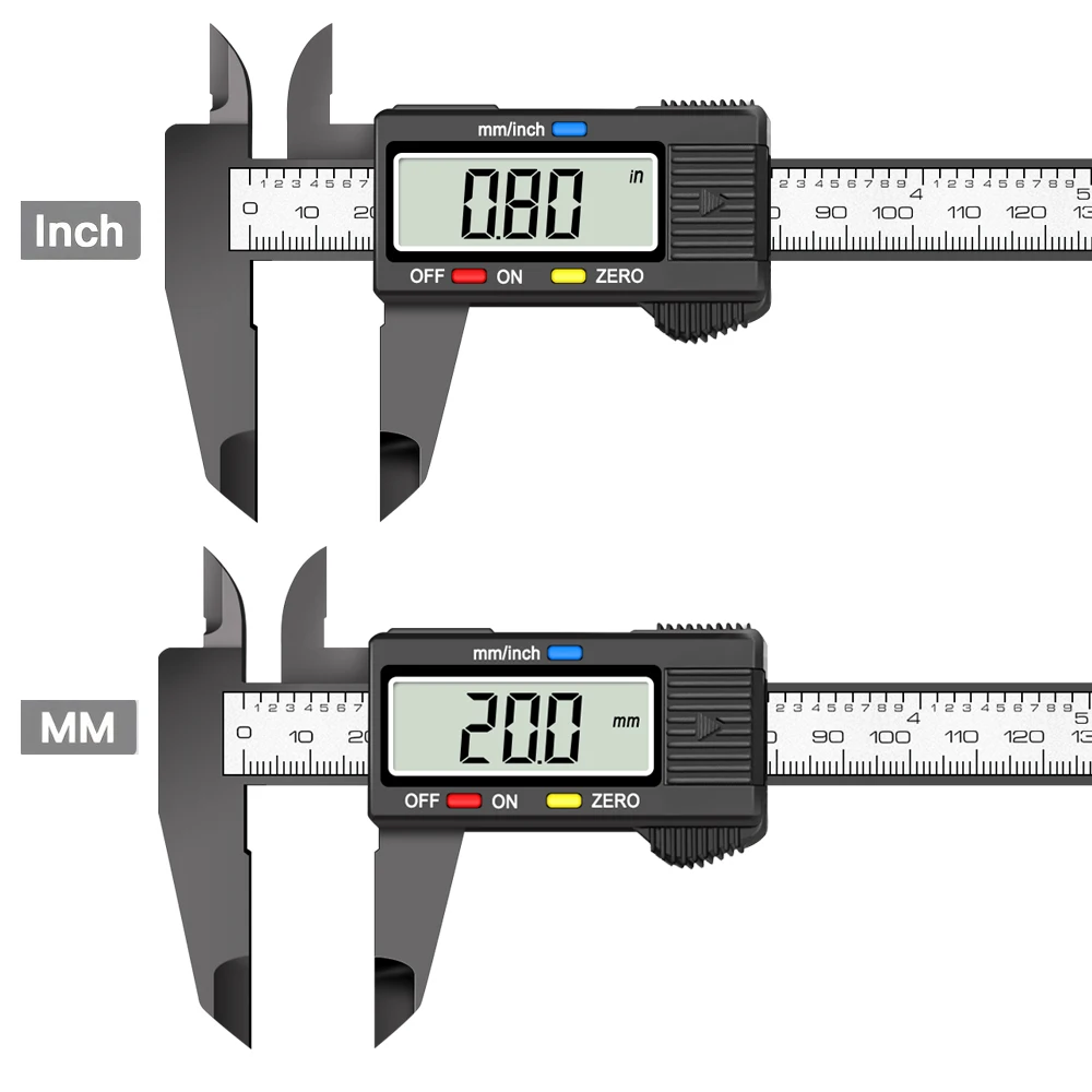 150mmカーボンファイバープラスチックデジタルノギス、LCDスクリーン自動シャットダウン機能付き、インチと正確な測定に使用