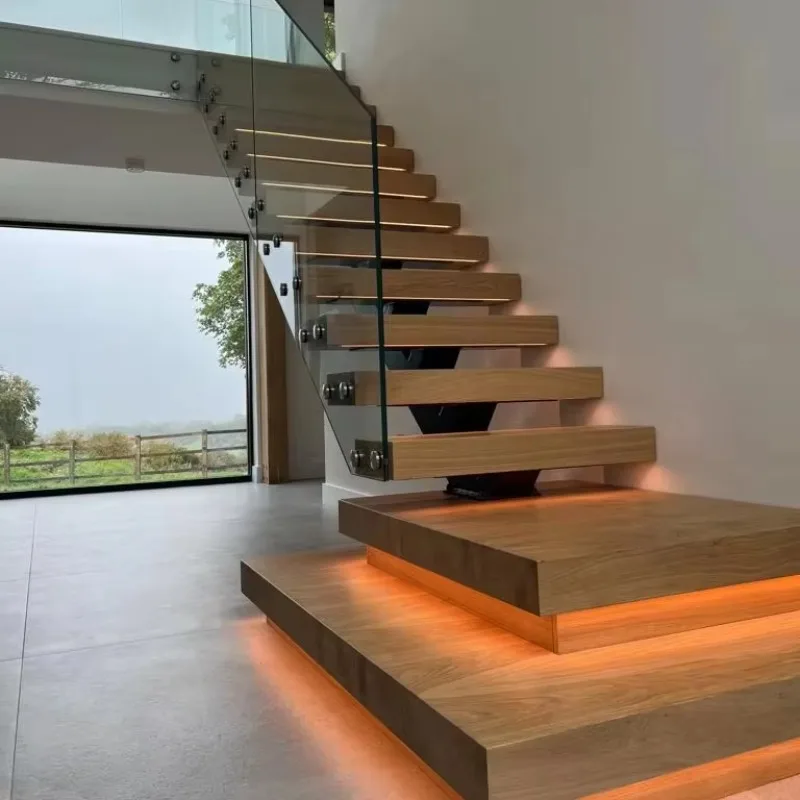 Customized Modern Mono Staircase with Landing and LED Light for Interior Residential