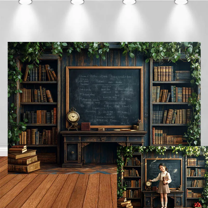 LS School Themed Photography Backdrop Blackboard Bookshelf Book Alarm Clock Decor Kids Adult Portrait Photo Background Studio