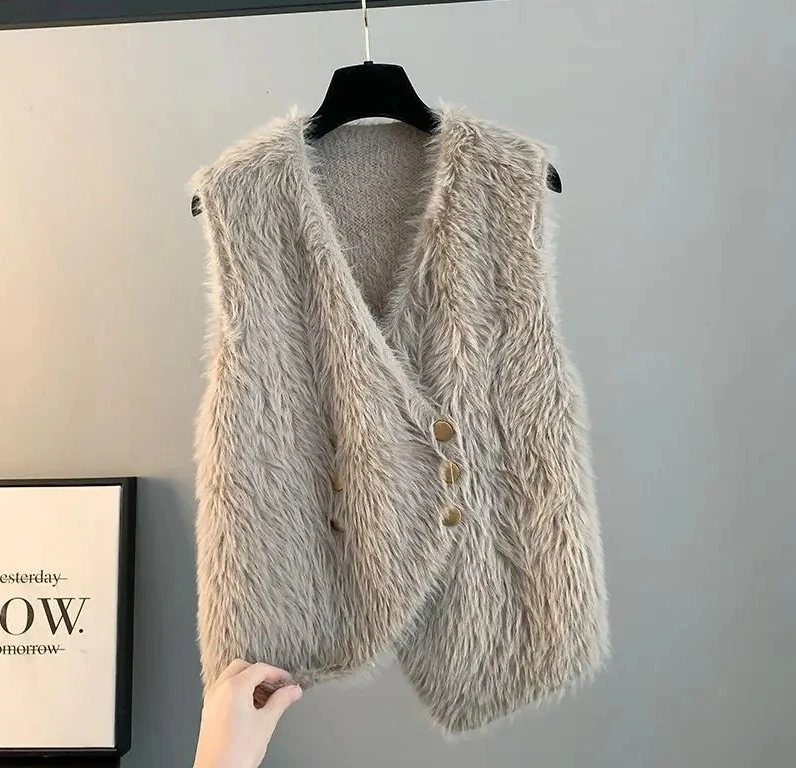 Chaleco de punto holgado para mujer, cárdigan, nuevo suéter de piel sintética de visón, chaleco, prendas de vestir exteriores para primavera, Otoño e Invierno