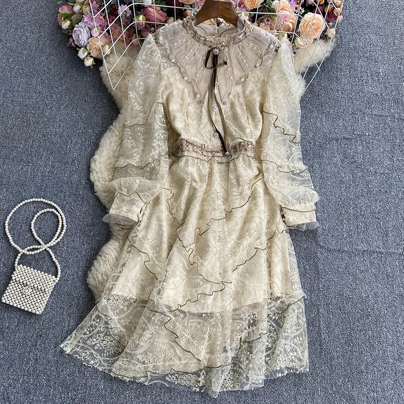 

Vintage Mesh Knee Dress for Women Ruffle Layered Lace Hem Vestidos Female Beading Tulle Traf Prom Luxury Fairy Sweet New In 2023