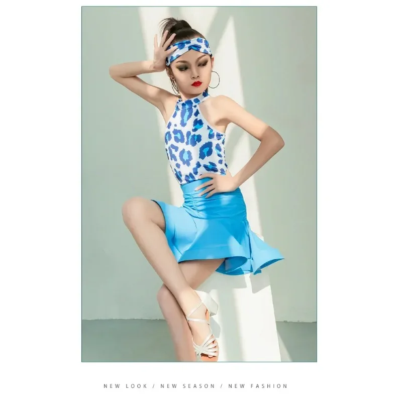 Blauwe Latin-danskostuums met luipaardprint voor kinderen, sexy patchwork, Cha Cha Tango, klassieke stijl