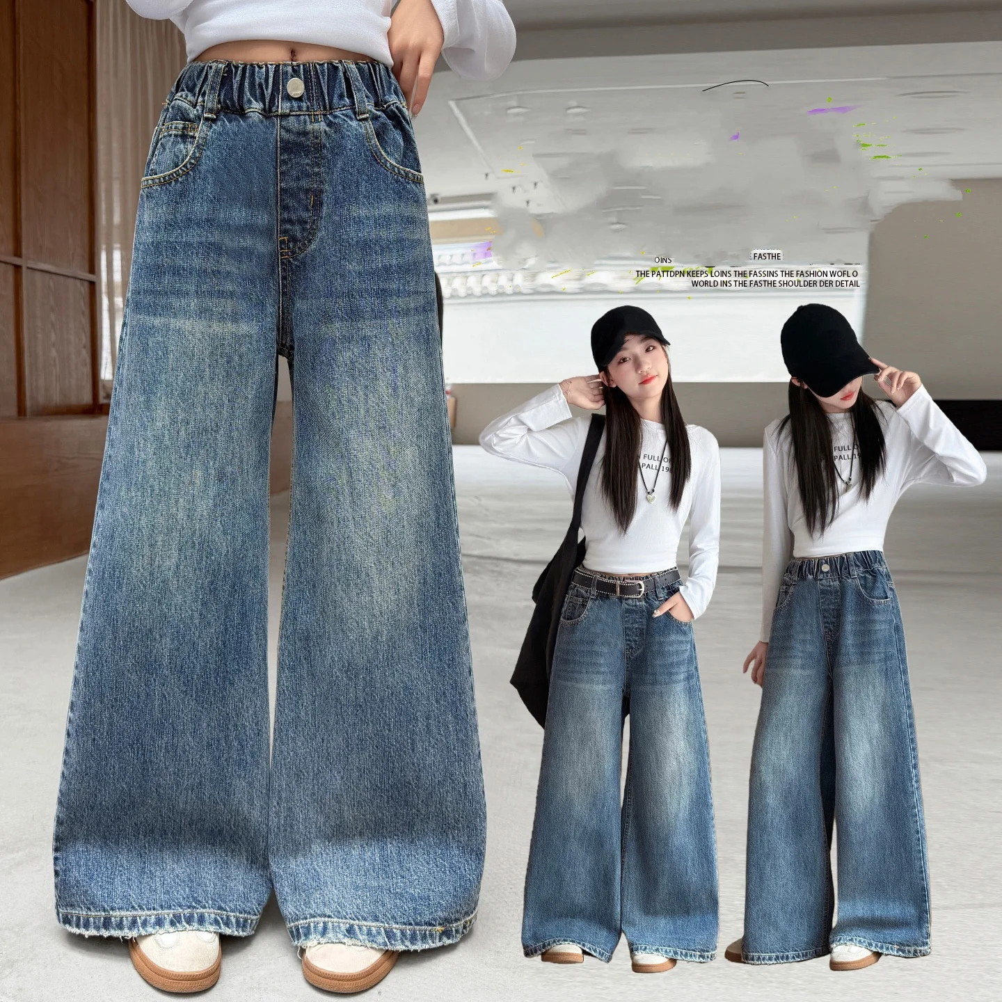 Spring/Autumn Teenager Denim Pants Children Girls Wide Leg Pants Loose Embroidered Pockets Junior Kids Straight Pants 4-14Yrs