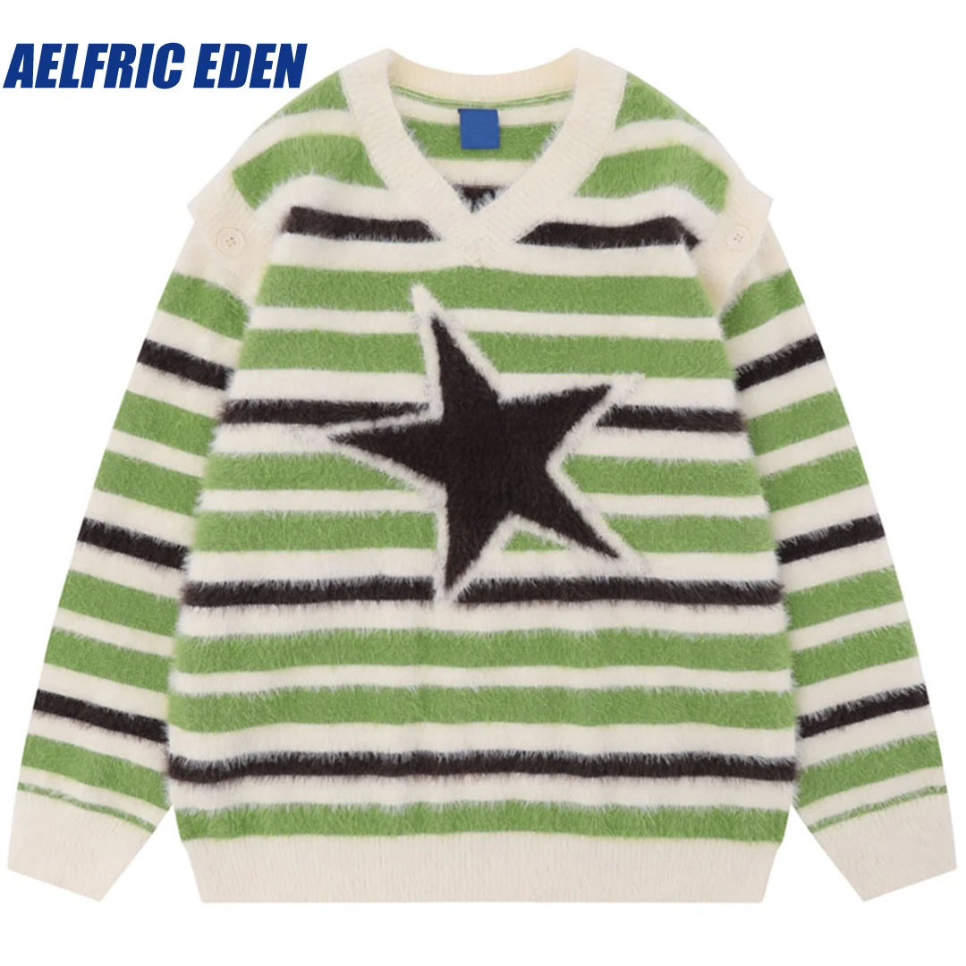 

Aelfric Eden Knitted Fluffy Fuzzy Stripe Jumper Harajuku Star Detachable Sleeve Sweater 2023 Streetwear Hip Hop Fashion Pullover