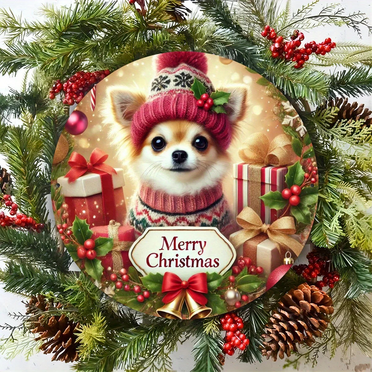 Christmas Chihuahua Metal Art Round Plate - 8-Inch Vintage Aluminum Wall Decor, Brightens Home/Farmhouse/Bar Holiday Ambiance