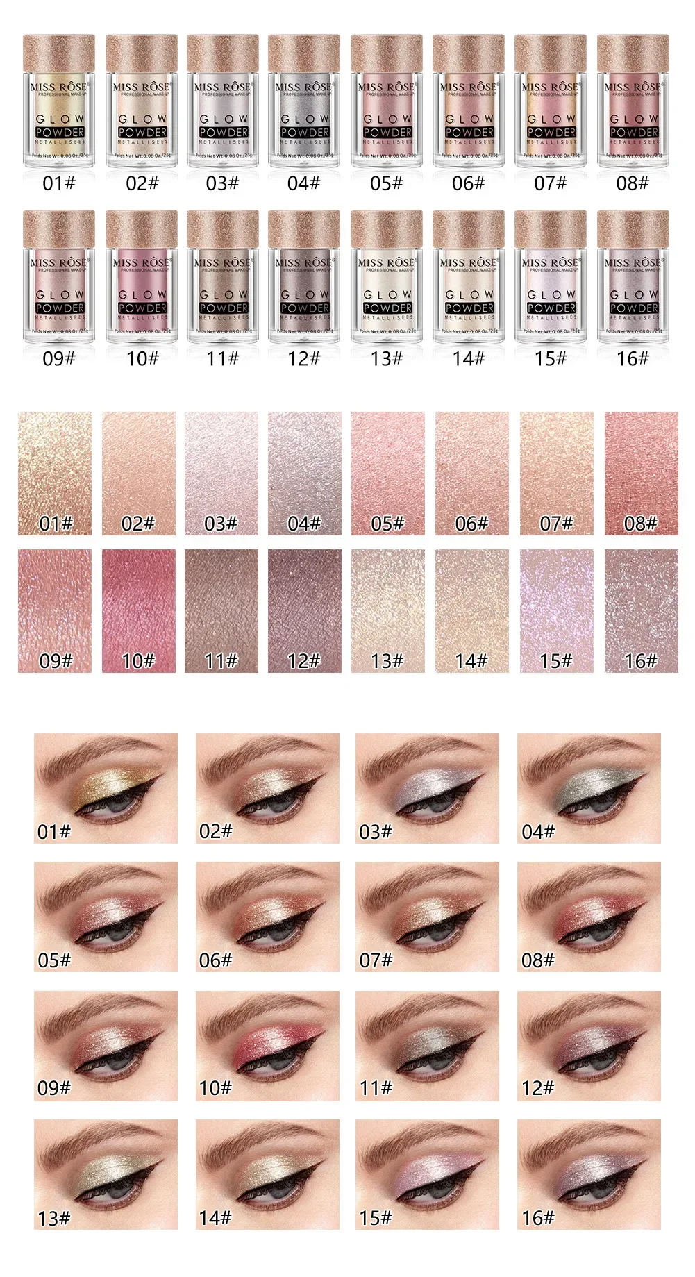 MISS ROSE Single Color Pearl Diamond Glitter Lidschatten-Make-up High Lighter Shiny Shimmer Brighten Eye Shadow Powder Cosmetics