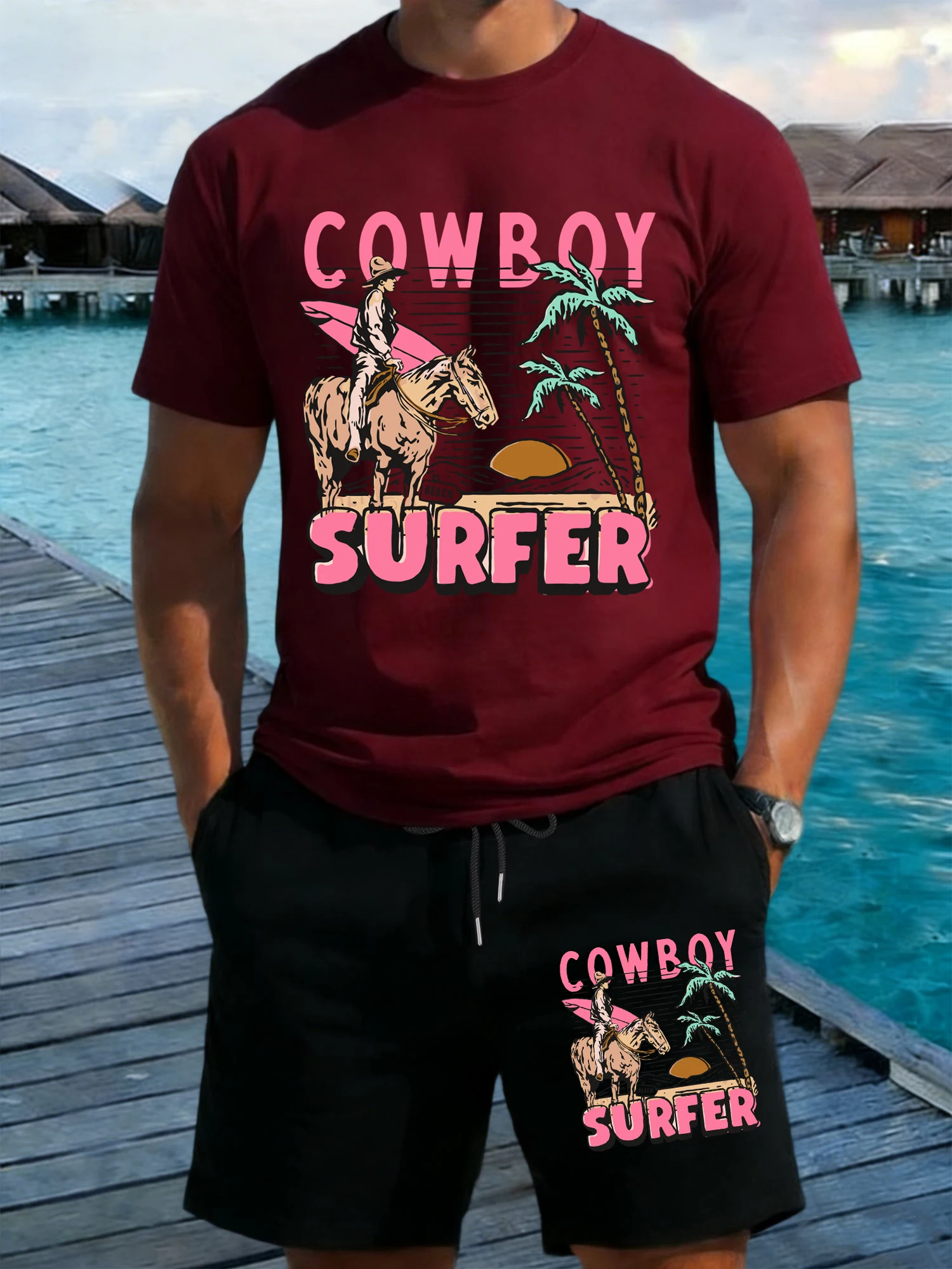 

Cowboy Surfer Coconut Tree Printed T Shirts Suits Men Loose Cotton T-Shirt Summer Pocket Black Pant Set Drawstring Short Pants
