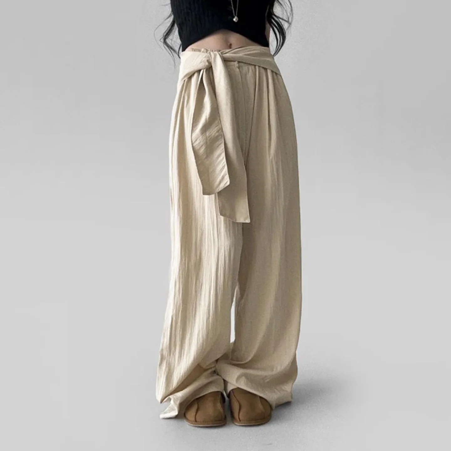 Cintura alta calças de perna reta feminina qui seco drapeado com cinto design versátil outono casual faion suave sle