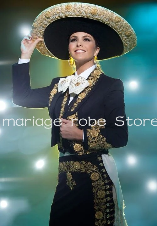أسود ثلاث قطع Charro الزي حفلة موسيقية فساتين مناسبة طويلة الأكمام سترة زين المكسيك Mariachi ثوب مسائي مخصص