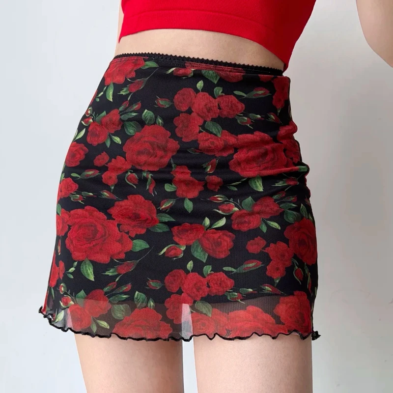 

Skirt Women's Polyester Gauze Plant Flower Rose Print Retro High Waist Sheath Short A- line Skirt Lightweight Breathable Summer