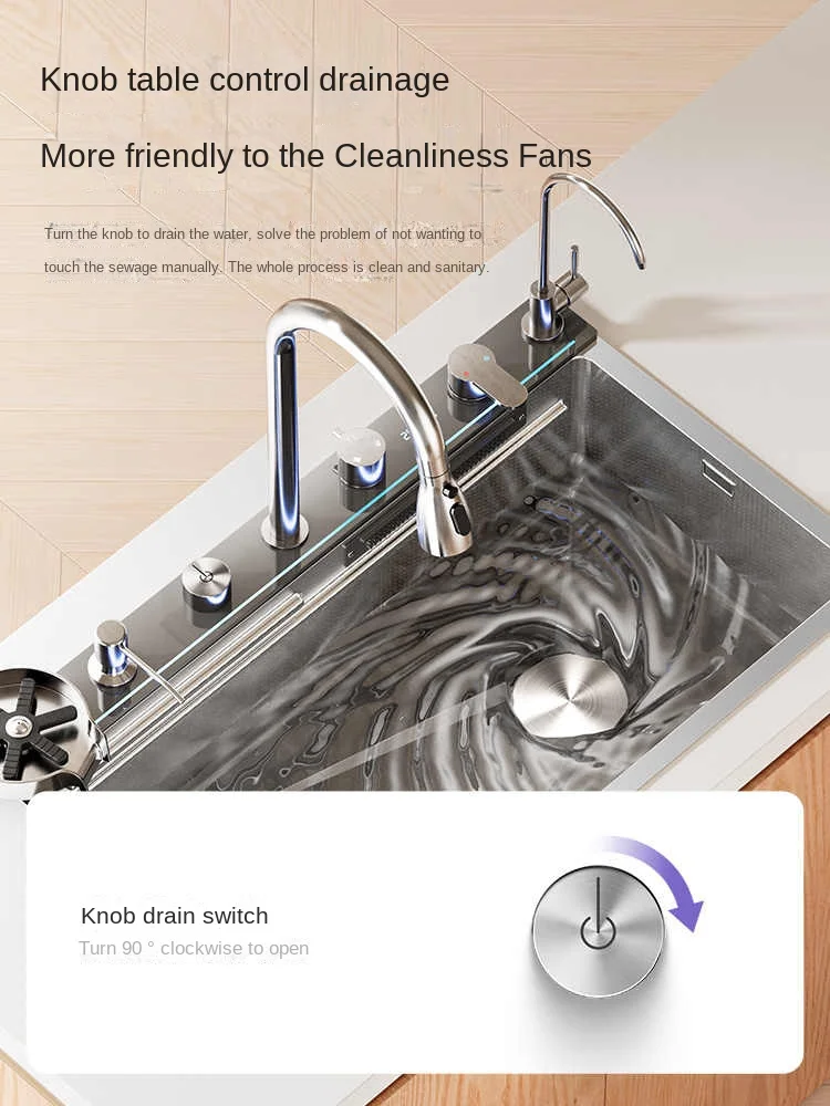 5MM Embossed Stainless Steel Waterfall Kitchen Sink With Digital Display Washbasin Multifunctional single slot rightSide Drain