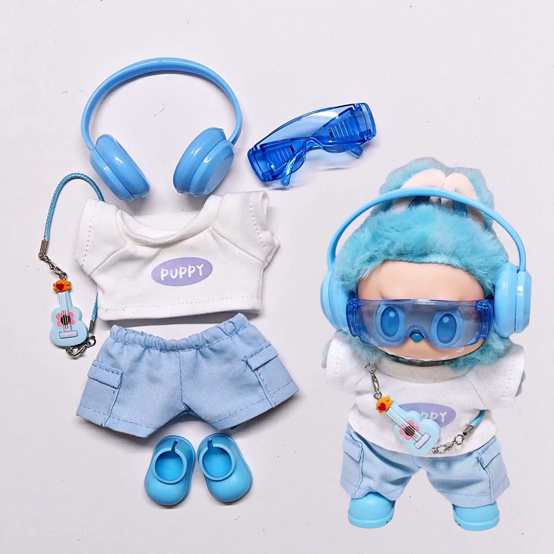

Clothes For Labubu 15/17cm 1st-3rd Gen Dolls Cool Streetwear Fresh Blue Outfit White T Shirt With Cargo Blue Shorts Headphone