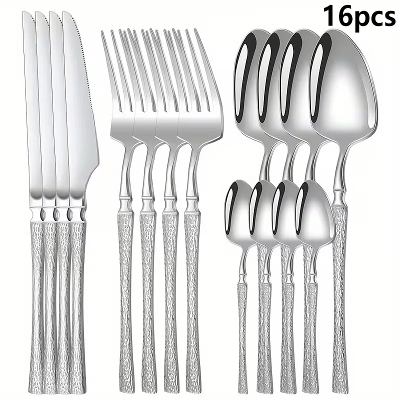 16-piece stainless steel cutlery set, a must-have for every family, featuring tree-patterned handles and high-quality cutlery, s