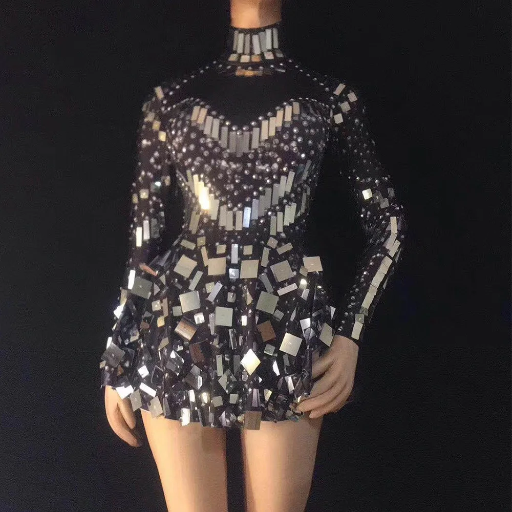 Mirror Sequins Rhinestones Long Sleeve Mini Dress Shiny Costume For Women Party Evening Costumes Nightclub Dance Show Wear