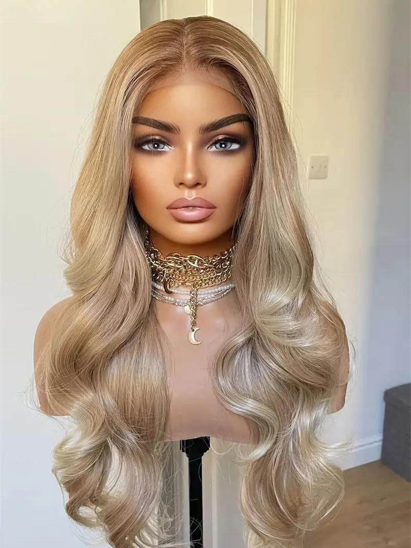 Honey Caramel Blonde Mix Synthetic Wig Natural Looking Middle Part Hairline Frontal Lace Wig Realistic Wigs Gift For Mom Cosplay