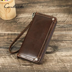 CONTACT'S Genuine Leather Clutch Wallets for Men Card Holders Phone Pocket Money Clip Male Handbags Bags Men Long Wallets Purses