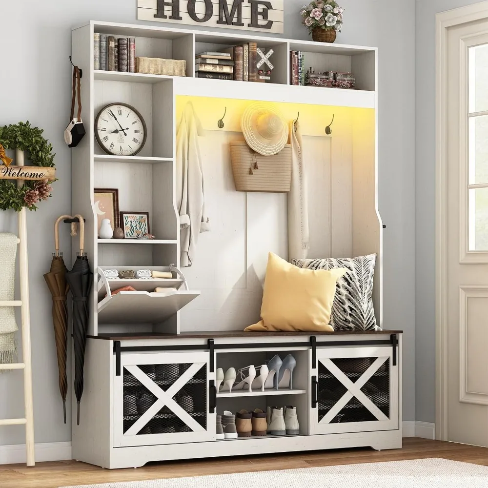 شجرة قاعة LED على طراز المزرعة بطول 75 بوصة مع مقعد، رف معطف، 16 مكعب لتخزين الأحذية، حامل مظلة للمدخل