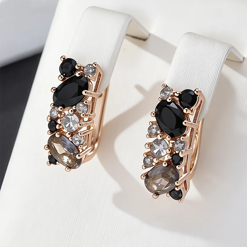 Wbmqda 16*6mm Mode Schwarz Natürliche Zirkon Ohrringe Für Frauen 585 Rose Gold Farbe Ethnische Hochzeit Schmuck Zubehör