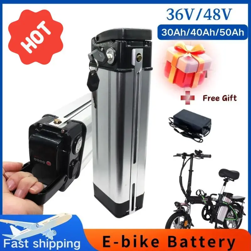 

New Silver Fish Electric Bicycle Battery 36V 48V 30Ah 40Ah 50Ah Lithium Battery Aluminum Case Anti Theft Lock