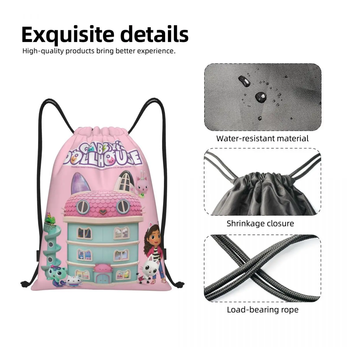 Gabbys Dollhouse zaino con coulisse donna uomo Sport Gym Sackpack pieghevole Mercat Cat Shopping Bag Sack