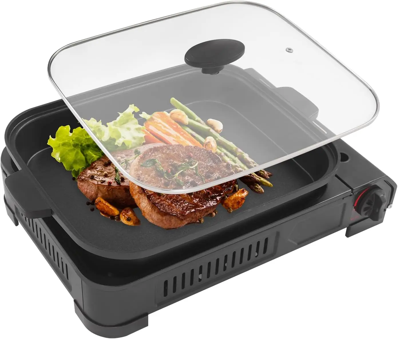 

Portable Gas Stove with Grill Pan & Lid, 2.1Kw Butane Camping Stove, Detachable Design & Tempered Glass Cover for Outdoor Cooking