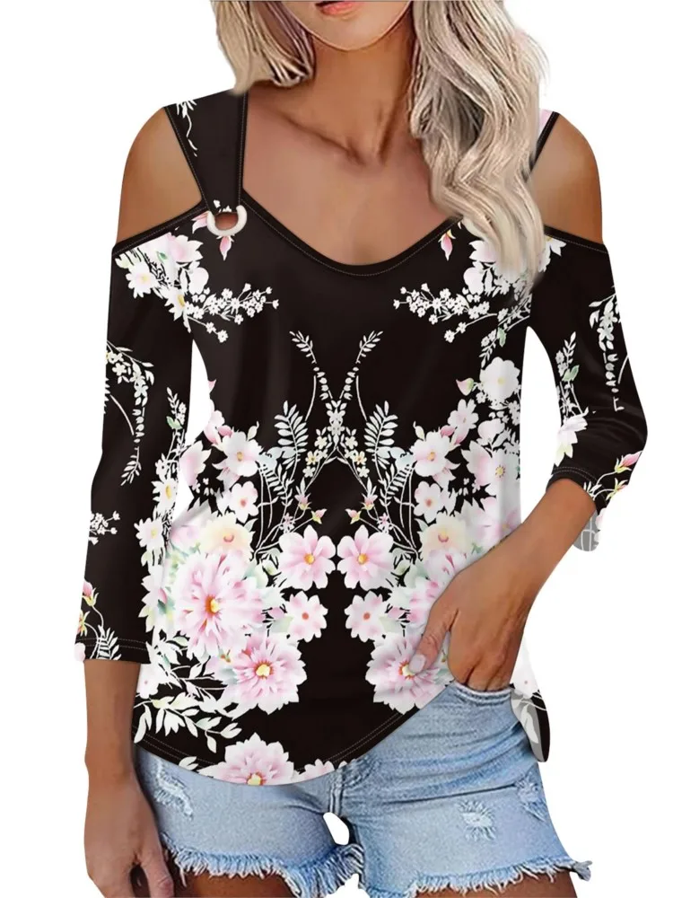 

Women's New Spring Autumn Long Sleeved Sexy Off Shoulder Fashionable Metal Buckle Multi-color Printed Casual Comfortable T-shirt