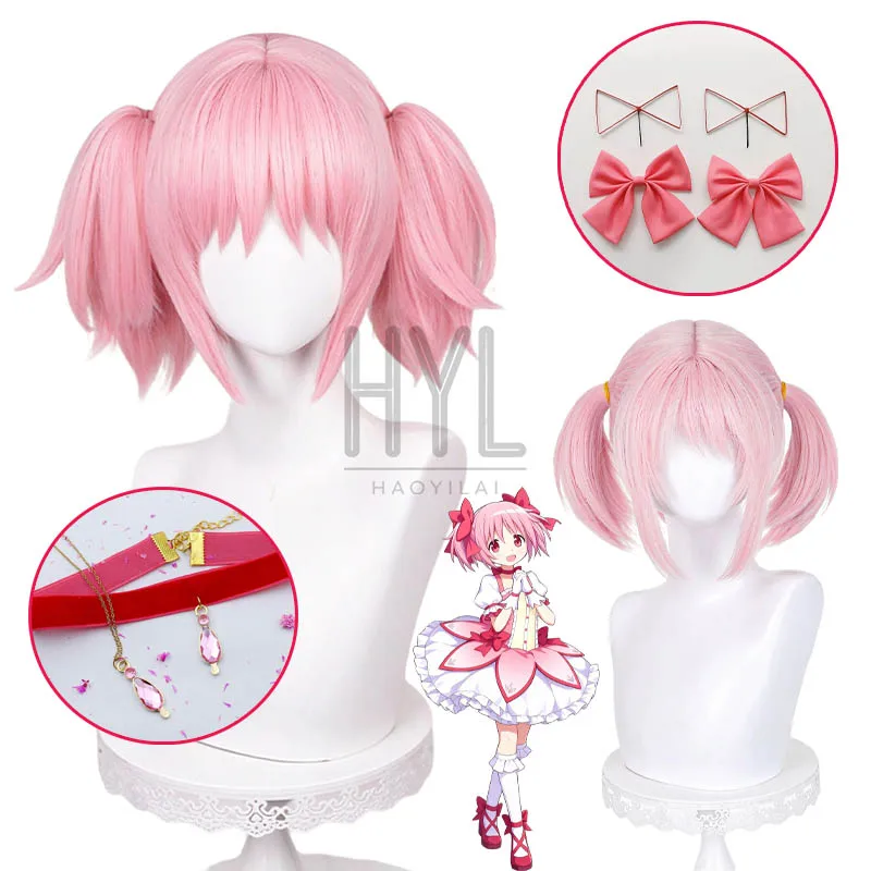 Game Magica Girl Madoka Kaname Cosplay Wig Pink Short Synthetic Hair Bowknot Necklace For Women Halloween Carnival Party Props
