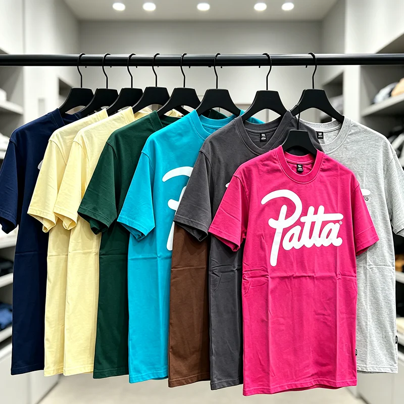 PATTA Men Women American Retro Classic Script Logo Print Magenta Loose Short Sleeve Tee