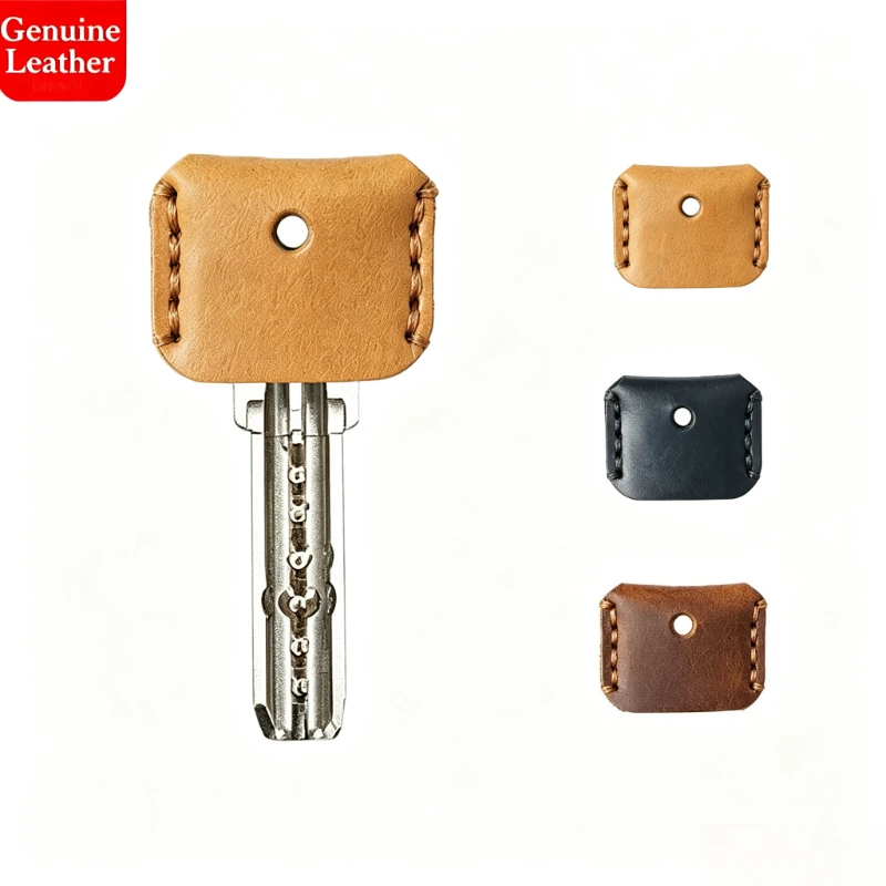 Genuine Leather Hand‑Stitched Key Protector Sleeve Key Sleeve Cover Anti‑Scratch Keychain for Flat House Keys Household Keys