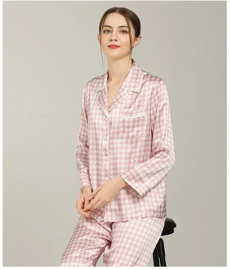 Printed Pink100% Mulberry Silk Women Pajamas Suit Ladies Autumn Houndstooth Loungewear Long Sleeve Female Silk Sleepwear Set