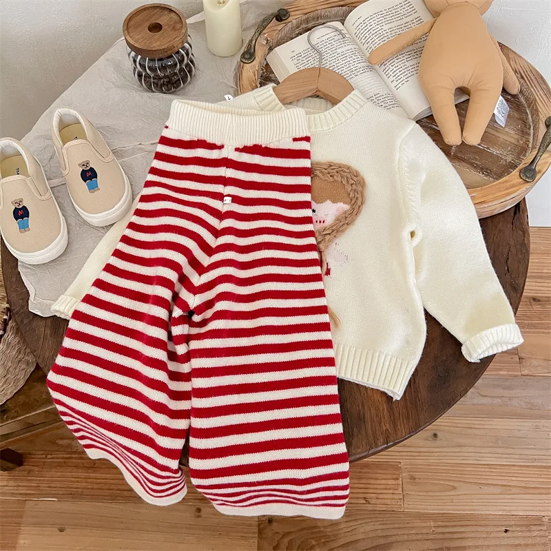 Autumn Winter Kid Baby Girl 2PCS Sweaters Set Cotton Knitted Cartoon Girl Pullovers Striped Wide Leg Pant Suit Child Girl Outfit