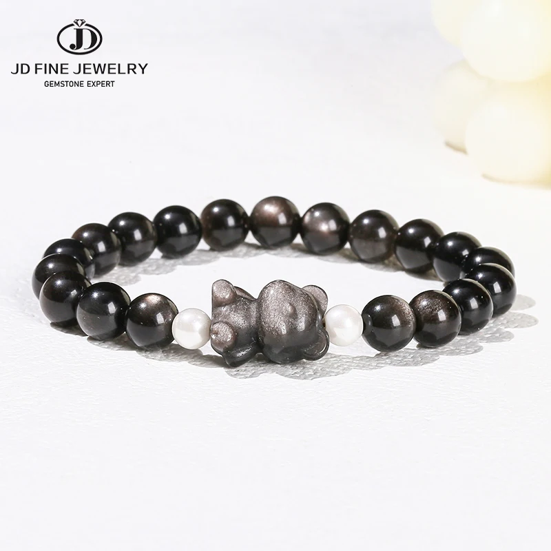 JD Natural Stone Silver Color Shiny Obsidian Bracelets Women Vintage Cartoon Bear Carved Health Protection Charm Bracelet Gifts