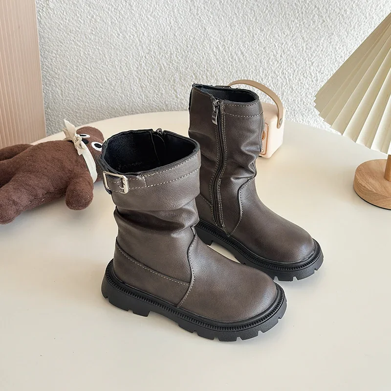 Children Princess Boots Soild Color Round Toes Kids Fashion Boots Zipper 2026 Brand New Girls Leather Boots Mid-calf Versatile