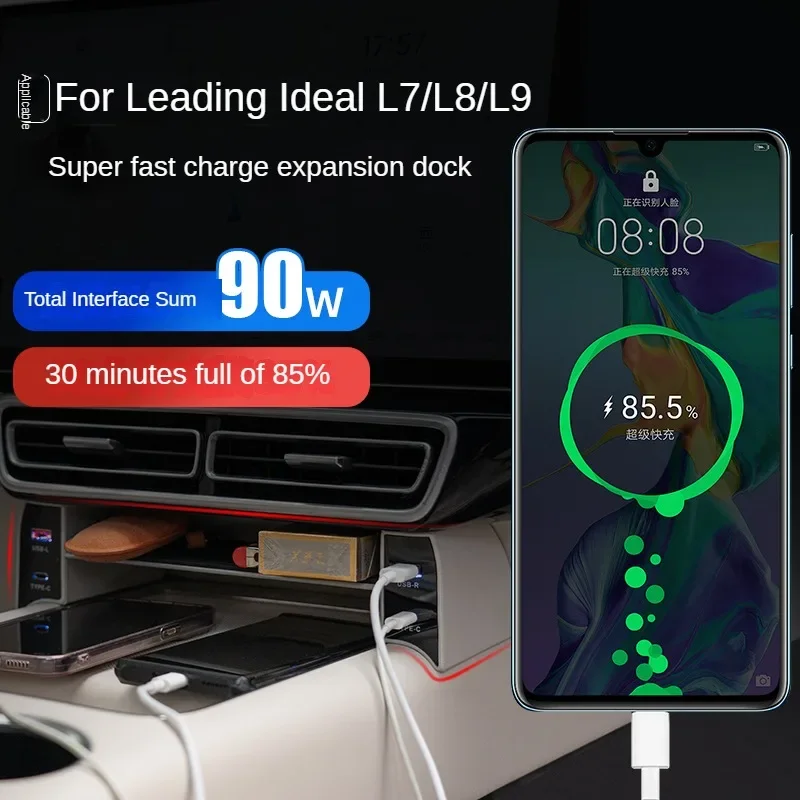 For Leading Ideal L7 L8 L9 Car Fast Charger 90W USB Shunt Hub Splitter With Cigarette Light To Adapter Type C USB Charging