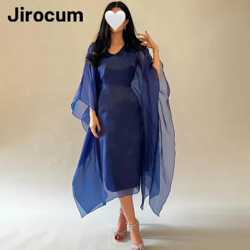 

Jirocum Prom Dress A Line Long Sleeve Party Evening Gown Women's V Neck Elegant Formal Occasion Dresses Tea Length customized