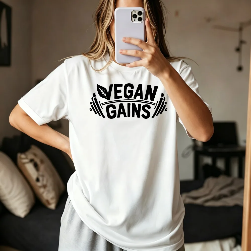 Vegan Gains T Shirt for Men Women Vegetarian Funny T-Shirt Gym Fitness Bodybuilding Weightlifting Sports Lover Tshirt
