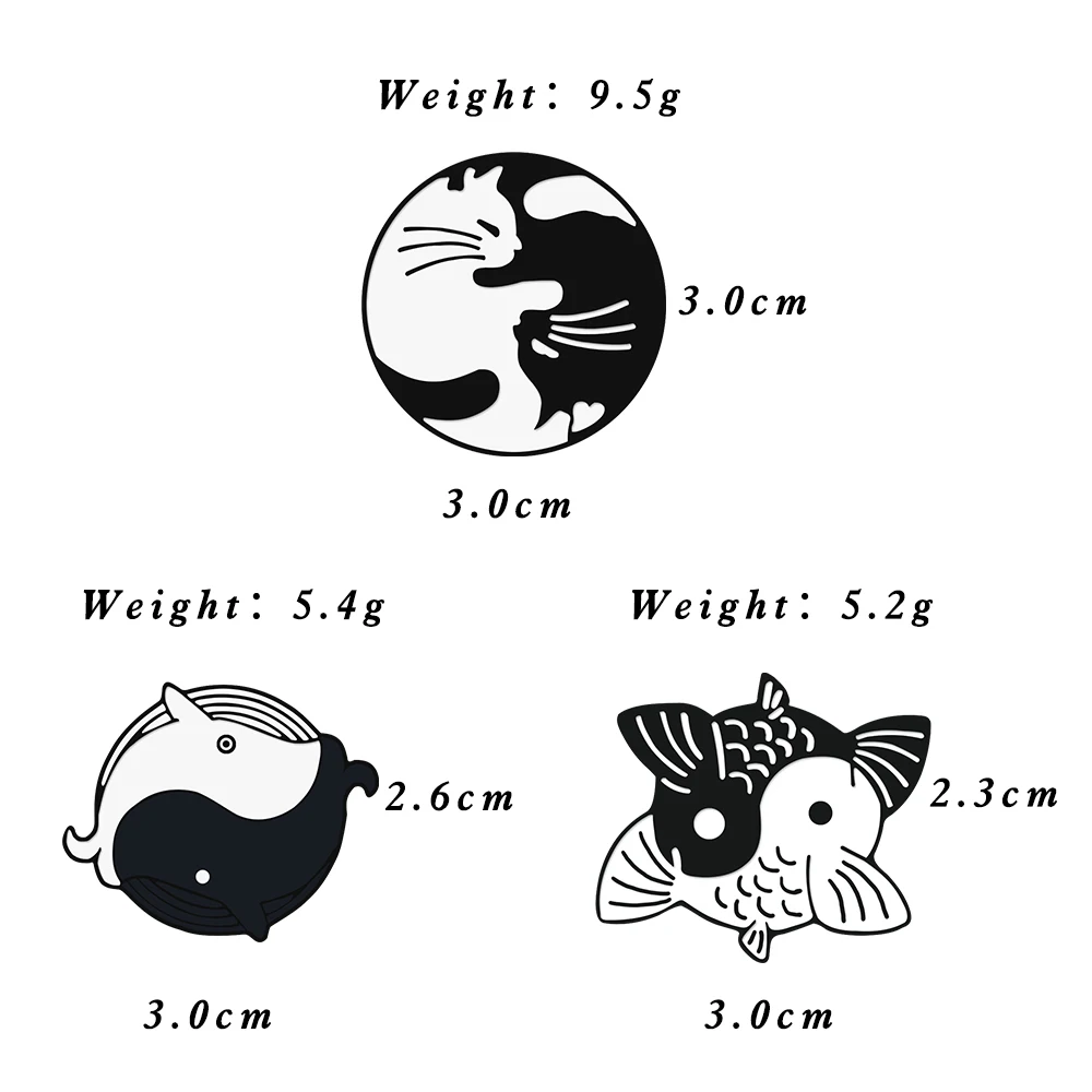 Black White Tai Chi Cat Hugging Brooch Enamel Yin Yang Koi Fishs Whale Combination Round Badge Clothes Lapel Pin Cartoon Jewelry