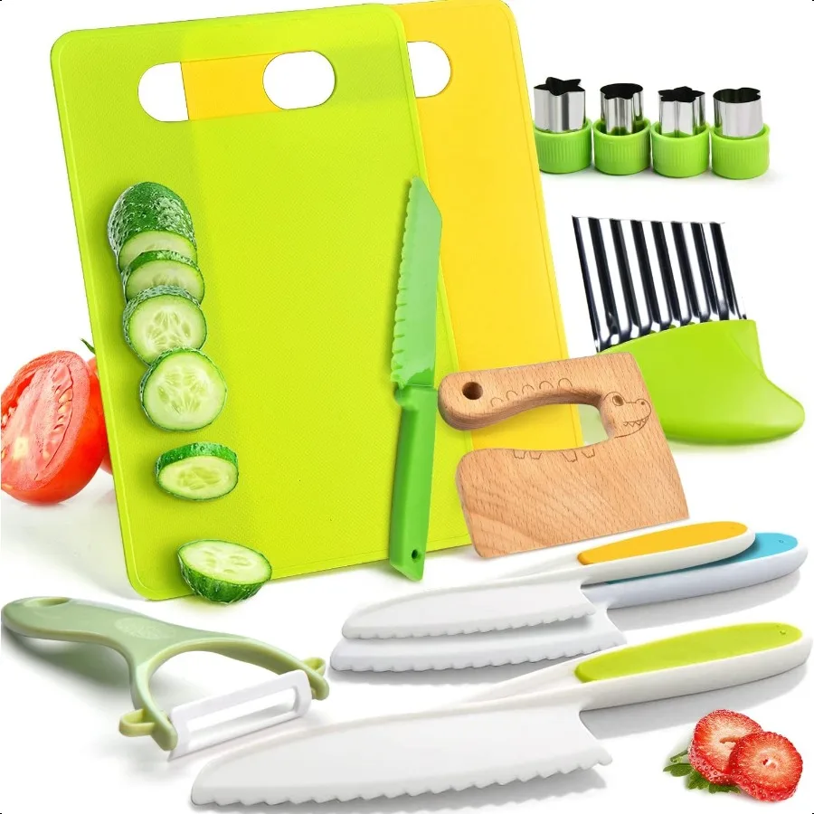 13 Pieces Montori Kitchen Toys for Toddlers Cooking Sets RealToddler Toys Set for Real Cooking with Plastic Safe Knives Crinkle