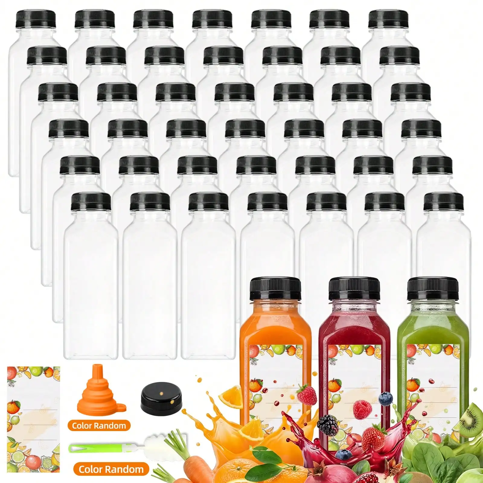36/40/45/56/128‑Pack 12oz Reusable Clear Plastic Juice Bottles with Lids, Beverage Containers with Caps for Juice, Milk & Smoothie, Complete Kit with Funnel, Cup Brush & Stickers