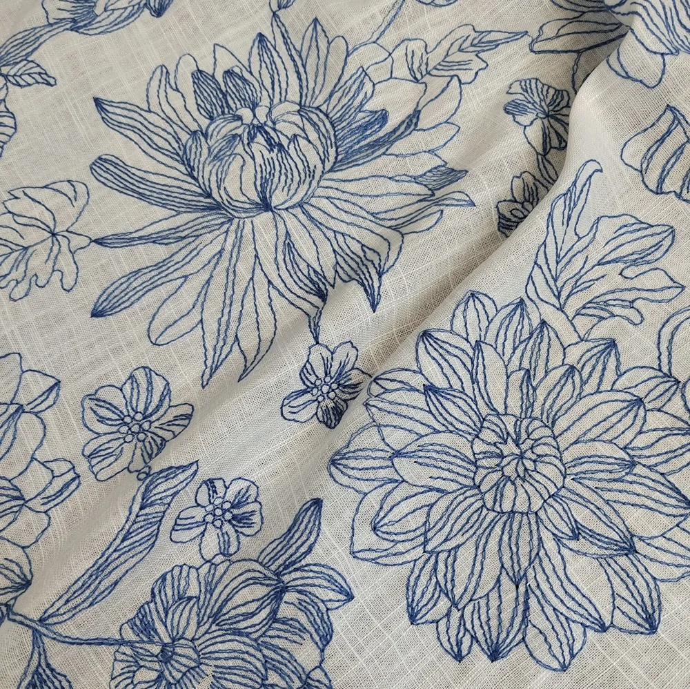 

Blue ivory cotton or Linen viscose embroidery fabric for woman dress shirt clothing with big flower pattarn sewing by 2 meter